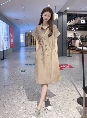 老钱风莱赛尔亚麻衬衫短袖连衣裙