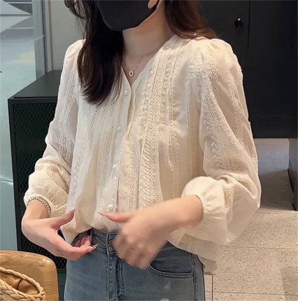 设计感小众蕾丝长袖衬衫女2025秋季新款刺绣小衫打底衫法式上衣