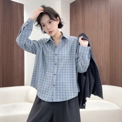 爆款时尚复古加厚磨毛格子衬衫