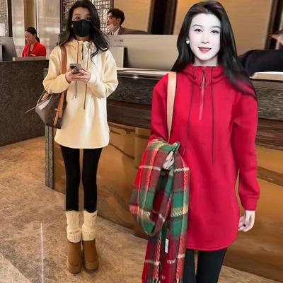 小个子加绒加厚连帽中长款卫衣