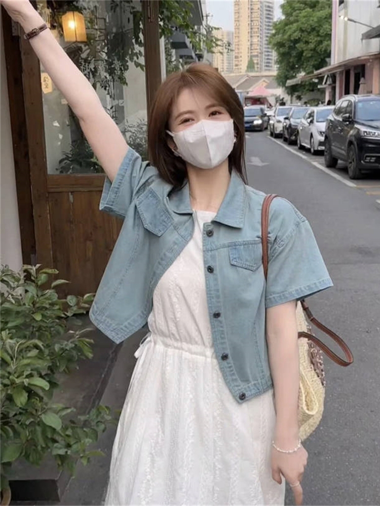 短袖设计感薄款牛仔衬衫女2025夏季新款休闲爆款短款小外套披肩