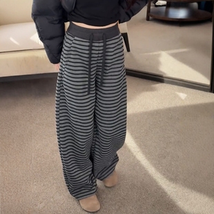 爆款时尚加绒加厚条纹休闲裤女装2025冬季宽松显瘦高腰抽绳阔腿裤