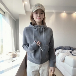 韩系超好看双面德绒连帽双拉链卫衣女装秋冬时尚休闲显瘦打底上衣