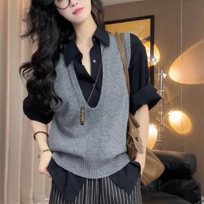 高级V领叠穿针织马甲无袖外套