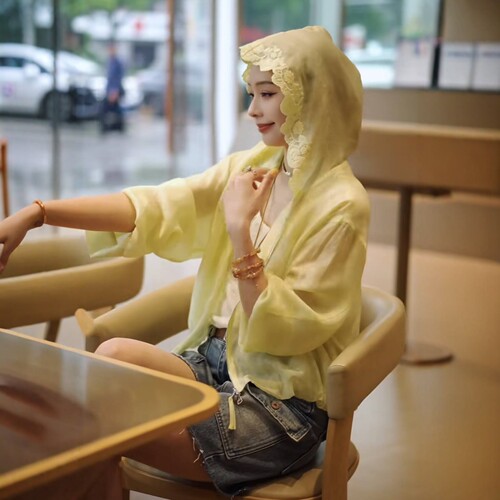 高级感蕾丝连帽防晒衣短外套