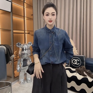 爆款设计感复古磨毛系带牛仔衬衫女装秋冬时尚洋气减龄叠穿上衣