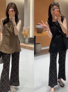 莱赛尔亚麻老钱风夏季套装女装无袖小衫印花喇叭裤时尚复古两件套