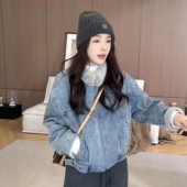 时尚 今年流行超好看立领加绒牛仔短外套女装 2025冬季 洋气保暖上衣