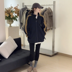 立领三条杠加绒加厚卫衣外套女2025冬季韩系流行时尚洋气保暖上衣