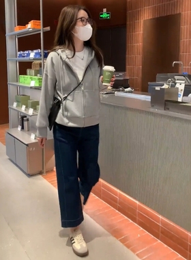 原版正品小个子灰色连帽卫衣外套女2025秋季新款宽松休闲减龄上衣