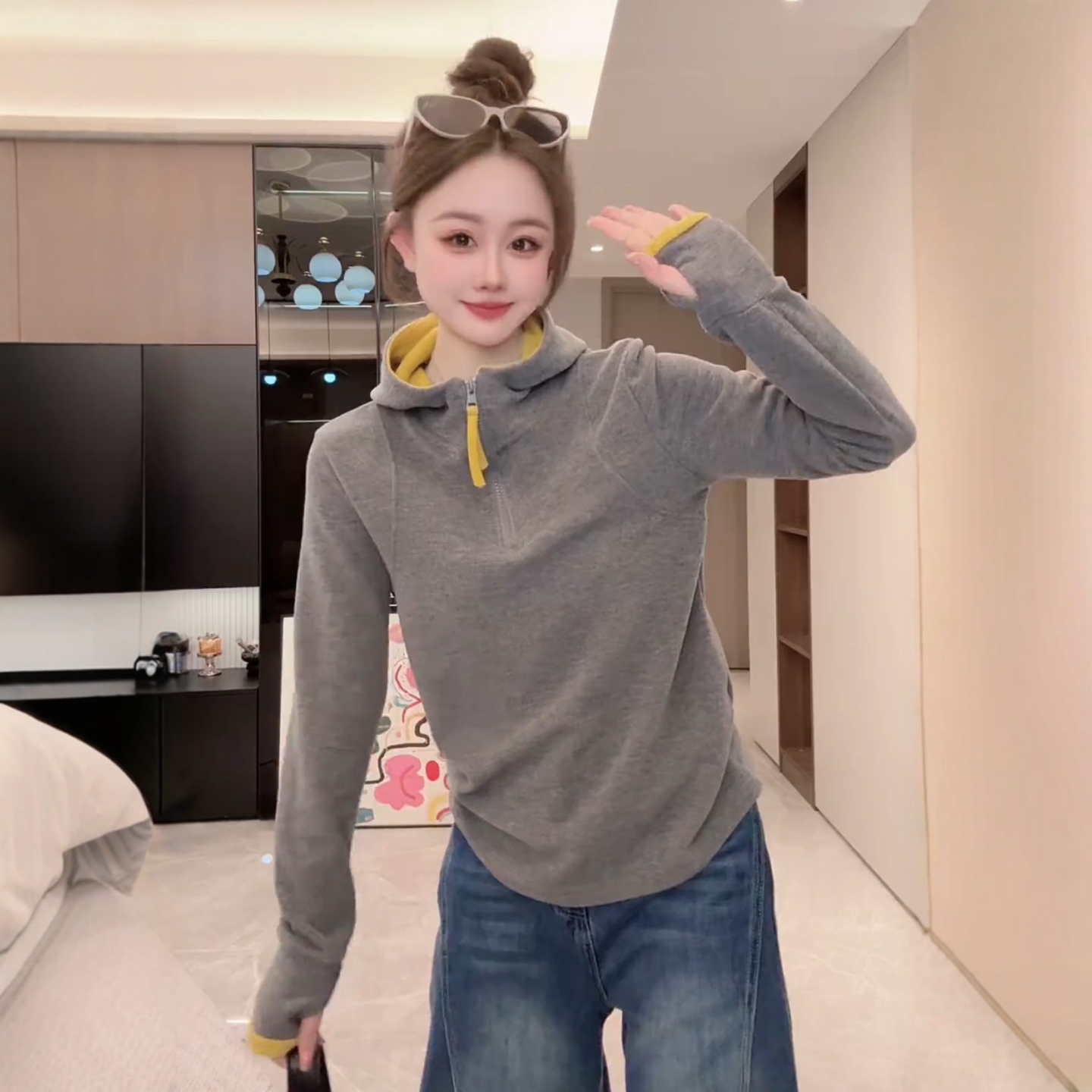 韩系撞色半拉链连帽卫衣打底衫