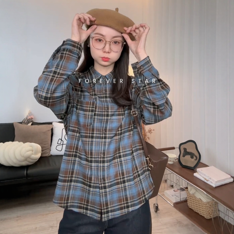 小个子纽扣复古磨毛格子衬衫外套