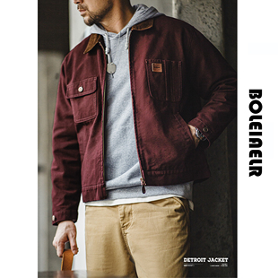 秋冬大码美式复古纯棉重磅帆布底特律夹克男硬汉翻领猎装短款外套