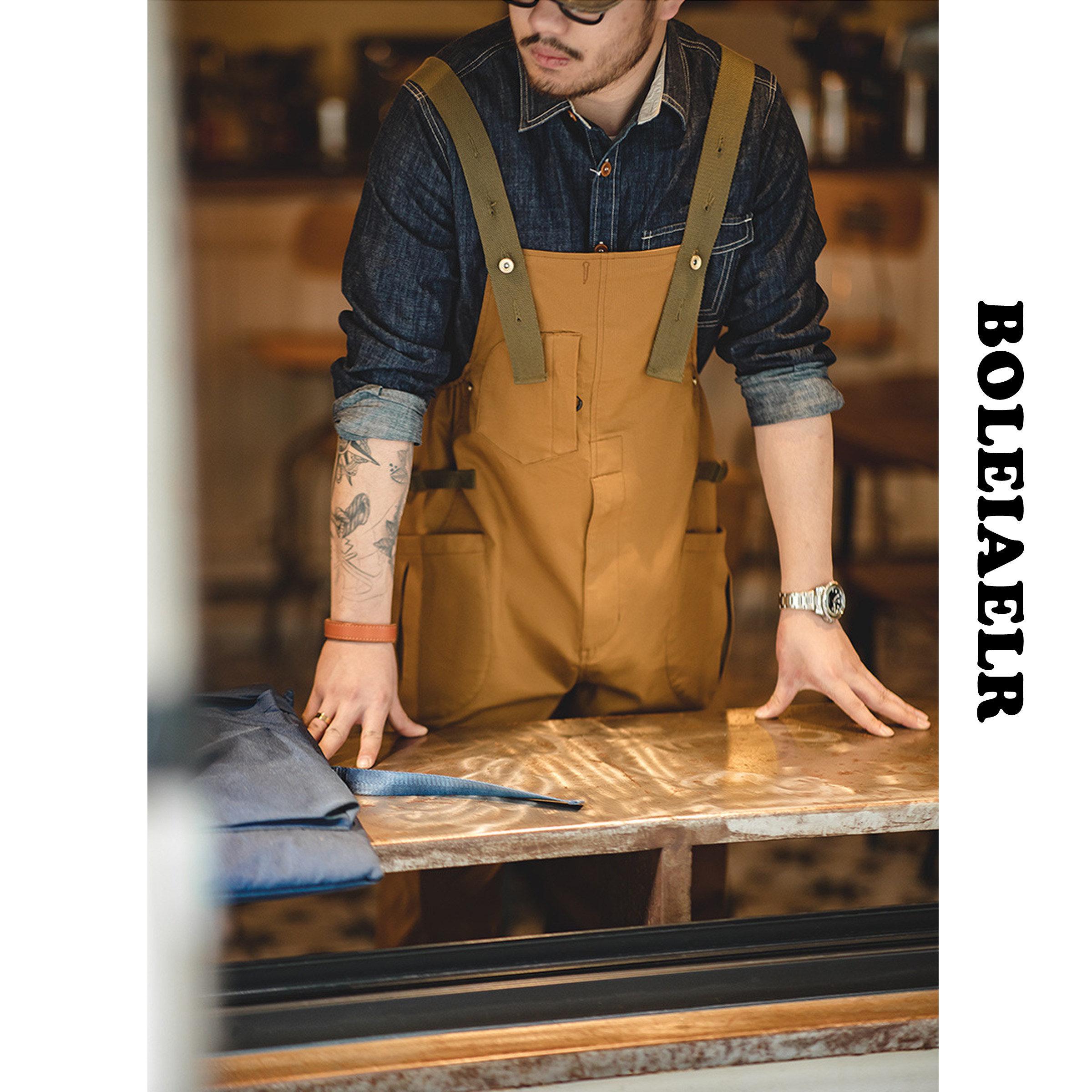 boleiaelr/潮牌工装overalls复古宽松直筒背带裤男连体吊带长裤子