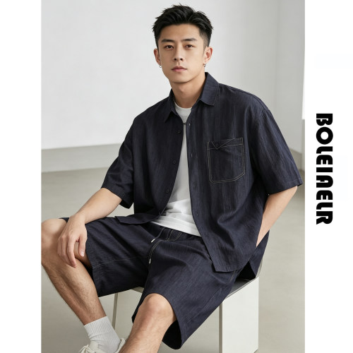 老钱风天丝牛仔工装短袖衬衫套装