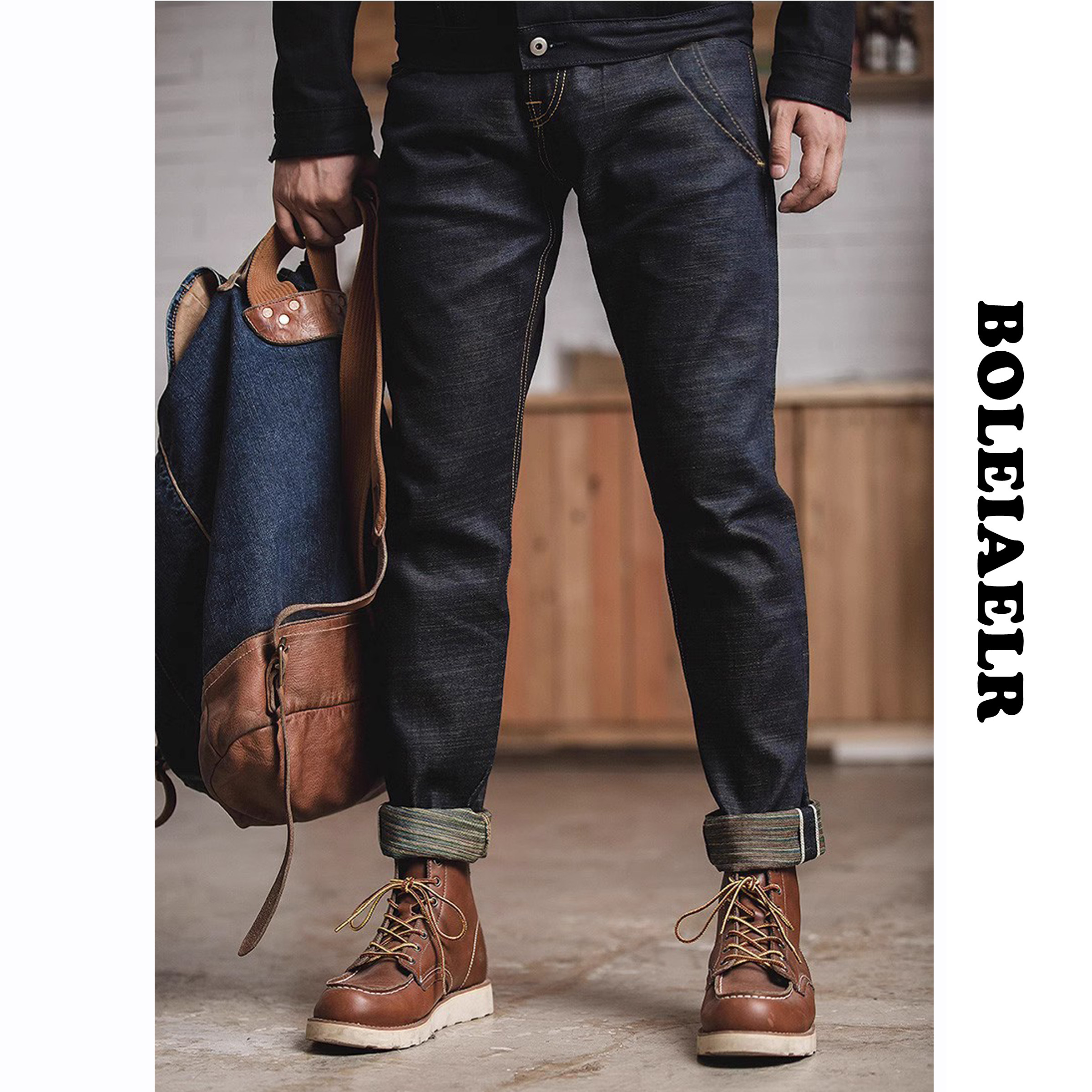 BOLEIAELR/小众限量款 13.5oz铜钉 赤耳原牛仔裤男修身直筒长裤子