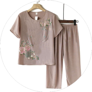 中老年人夏季棉麻睡衣妈妈装两件套装婆婆60岁70奶奶外穿家居服女