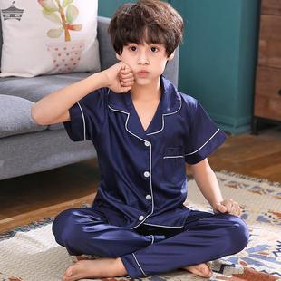 家居服薄 儿童真丝绸睡衣男童夏天短袖 长裤 薄款 中大童小孩冰丝套装