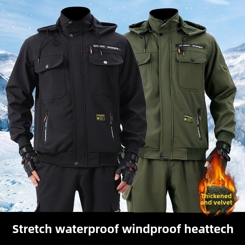 冬季天鹅绒加厚迷彩套装工作服男士防水防风保温耐磨户外运动休闲