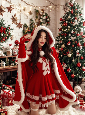 【圣诞披风】圣诞节cos服装战袍斗篷白红色金丝绒衣成人老连衣裙