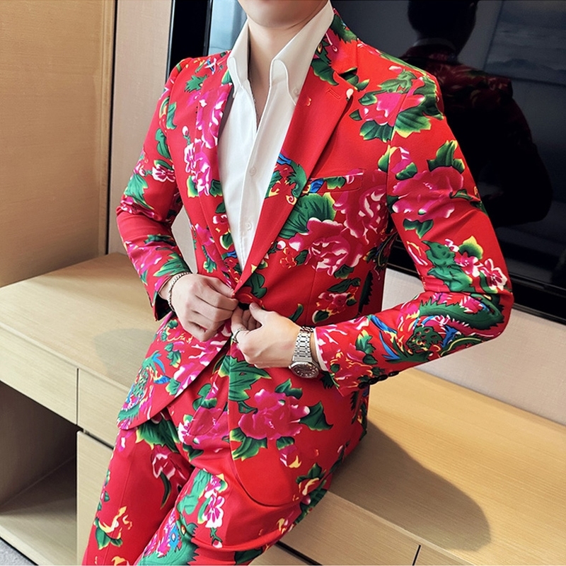 东北大花西服套装男中国风潮流夜店发型师休闲新年红色小西装外套