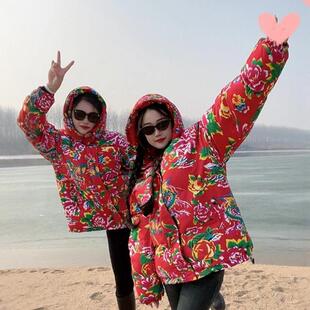 东北大花棉袄加绒加厚男款夹棉牡丹花骑行保暖防寒服农村立领棉服