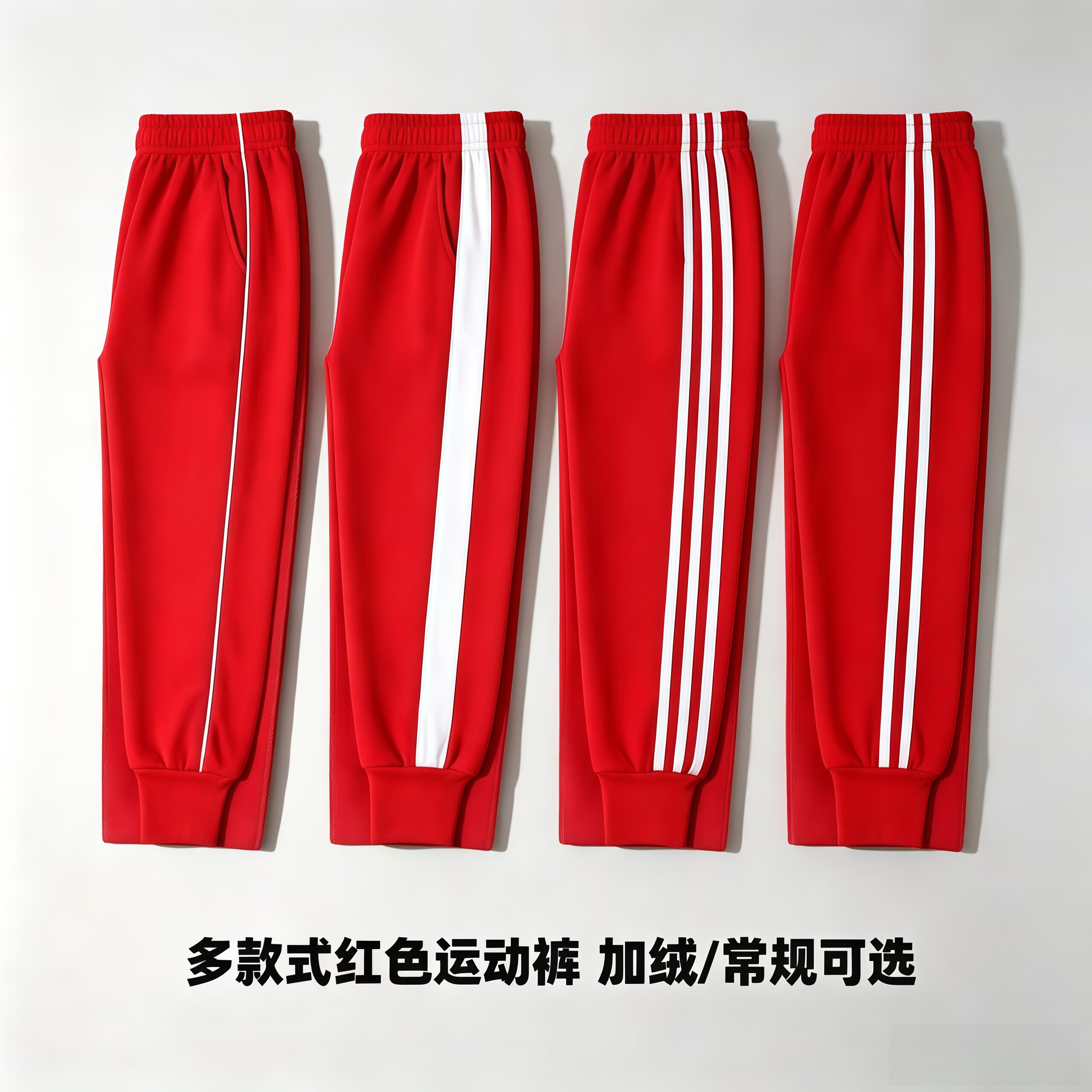 大红色加绒加厚收脚冬季校服裤子