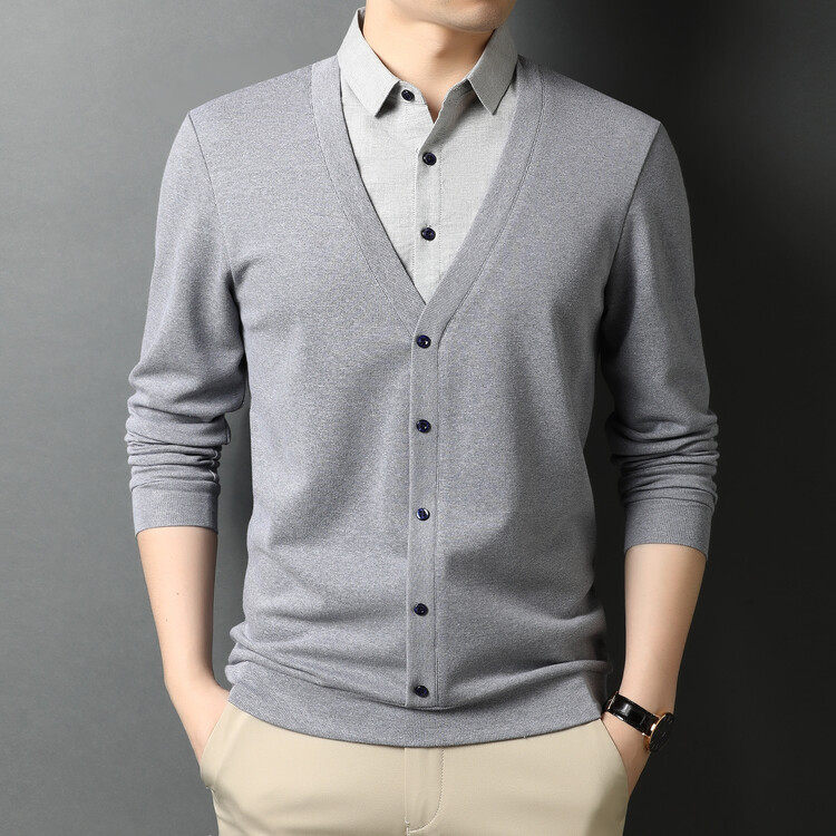 假两件纯色针织开衫男衬衫领韩版潮帅气休闲春秋冬修身打底衫毛衣