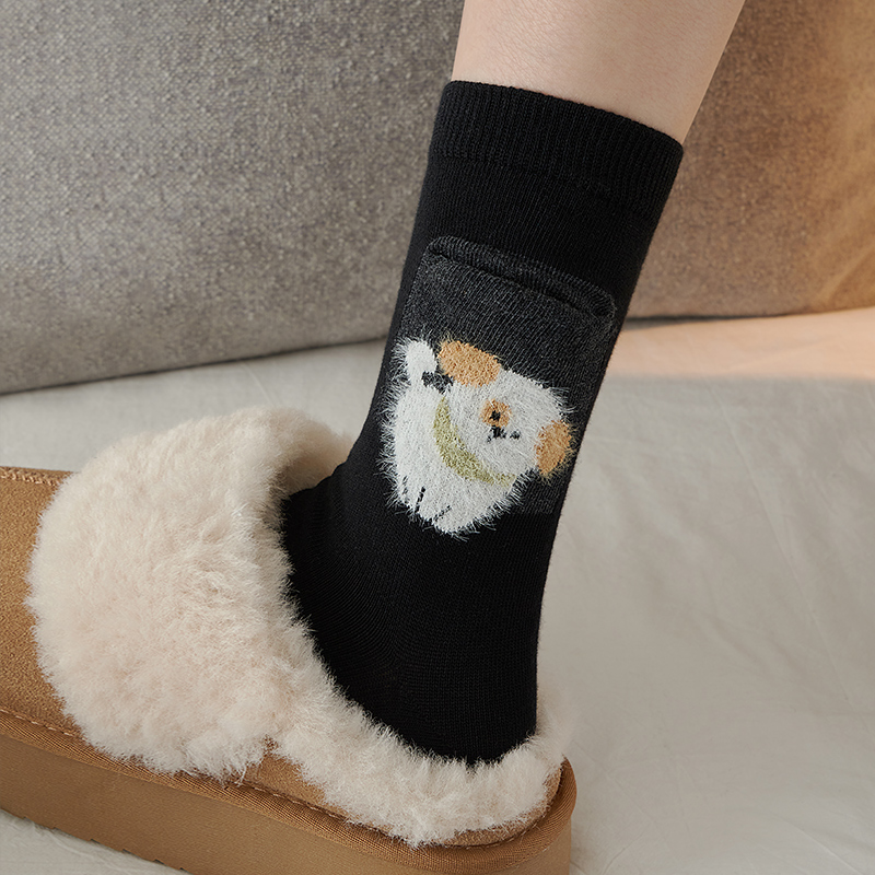 黑色袜子女中筒袜纯棉可爱卡通