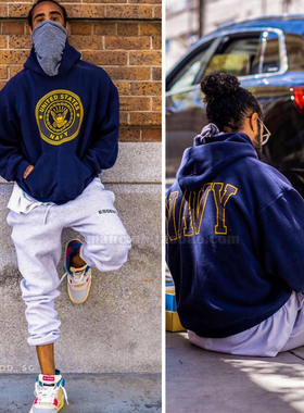 Gman高街 Navy Vintage Jerry同款复古3M反光套头连帽衫加绒卫衣