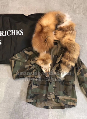 Gman高街 忧伤的富二代ERD整只狐狸毛领迷彩弹力收腰连帽风衣外套