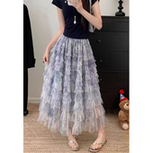 复古扎染显瘦大摆网纱层层蛋糕裙中长款 女蓬蓬半身长裙子 2025夏季