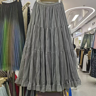 法式复古网纱半身裙女2025新款早秋季松紧腰显瘦大摆百褶裙a字裙