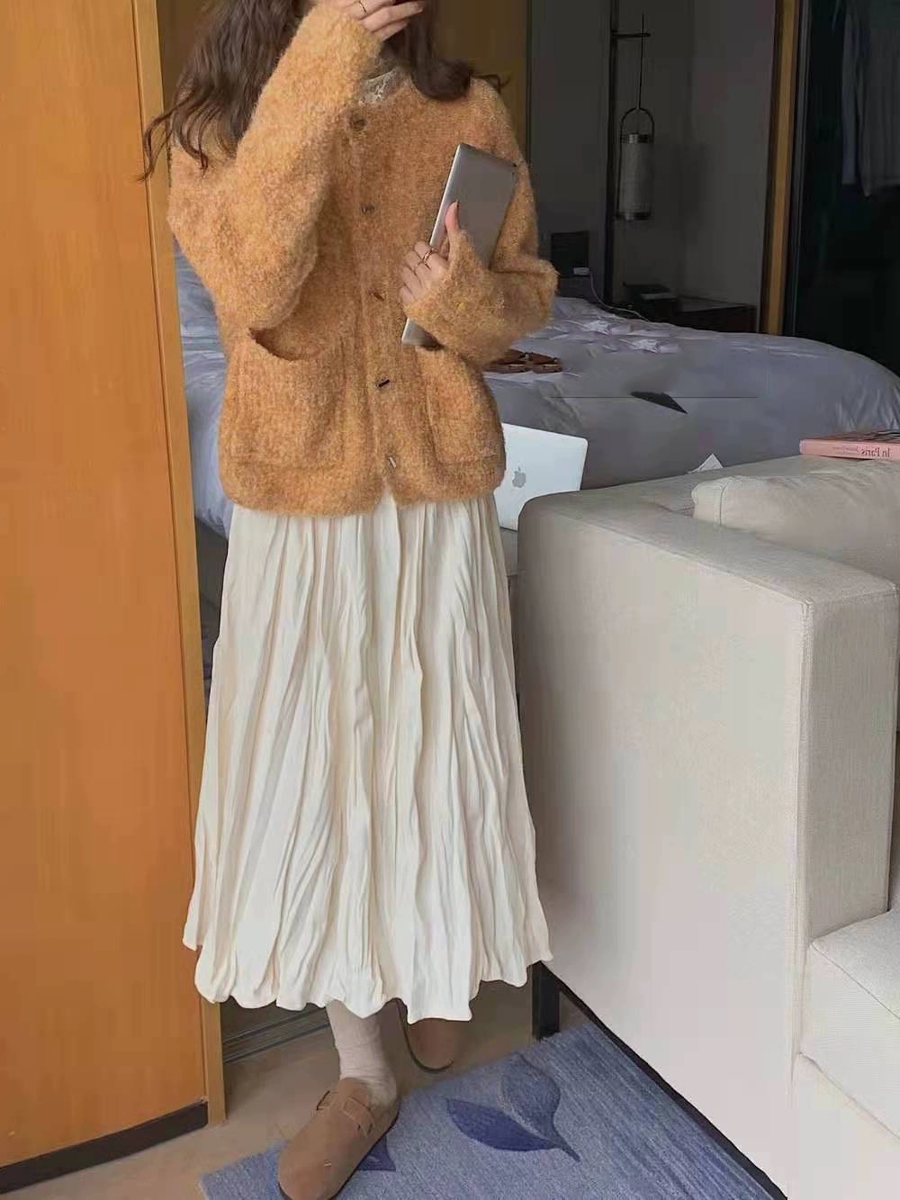 杏色褶皱半身裙女小个子