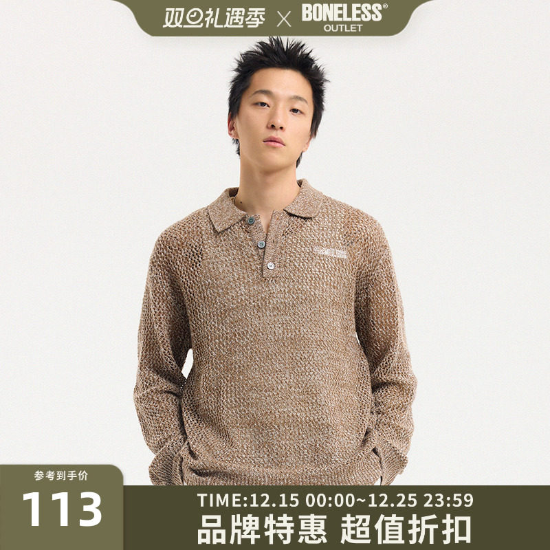 BONELESSpolo领花纱镂空毛衣