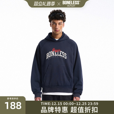 BONELESS层次领口做旧连帽卫衣斑驳印花宽松重磅帽衫秋假两件上衣