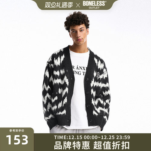 BONELESS马海毛瀑布纹开衫宽松V领街头潮流羊毛毛衣针织刺绣外套