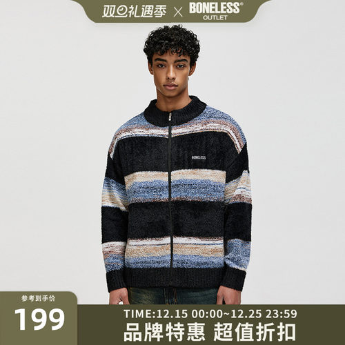 BONELESS仿貂毛拼接彩纱拉链开衫