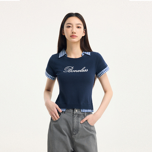 BONELESS衬衫假两件拼接毛织短袖修身刺绣翻领弹力显瘦夏季T恤女