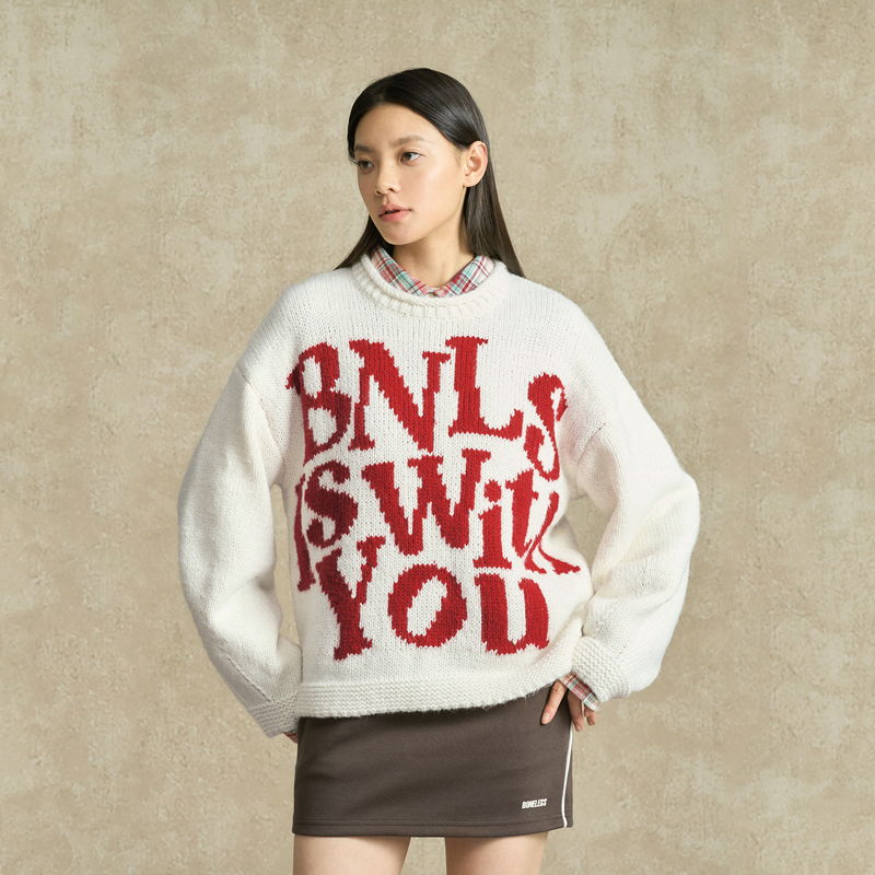 BONELESS大字撞色提花套头毛衣宽松圆领套头上衣弹力百搭针织衫冬