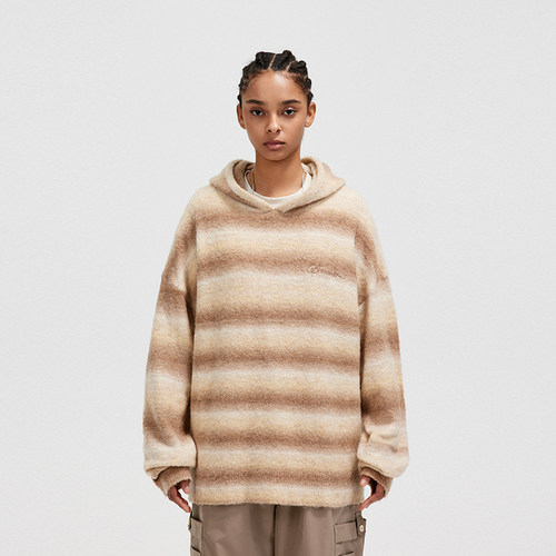 BONELESS渐变粗条纹绣花帽衫