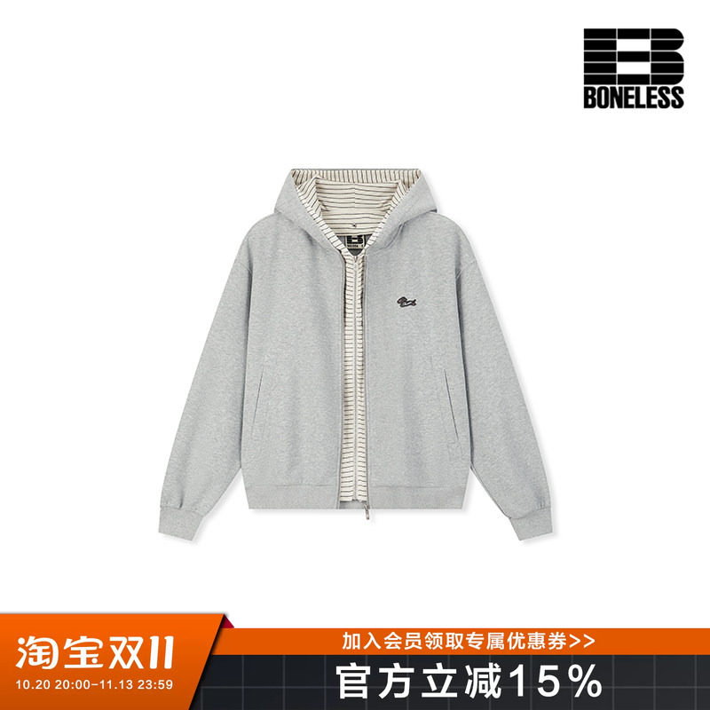 BONELESS奔跑小狗刺绣章仔可拆卸拼接条纹卫衣外套软糯亲肤开衫