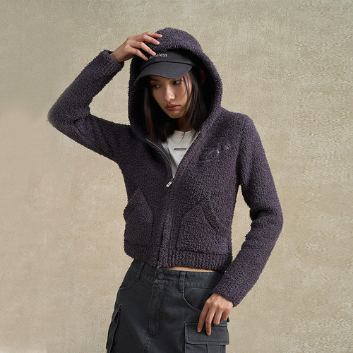 BONELESS连帽毛茸茸毛织拉链外套宽松刺绣秋冬针织衫保暖百搭毛衣