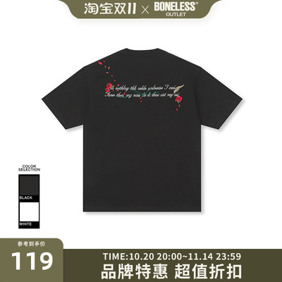 BONELESS玫瑰与情诗印花刺绣短袖夏季凉感速干宽松设计感情侣T恤