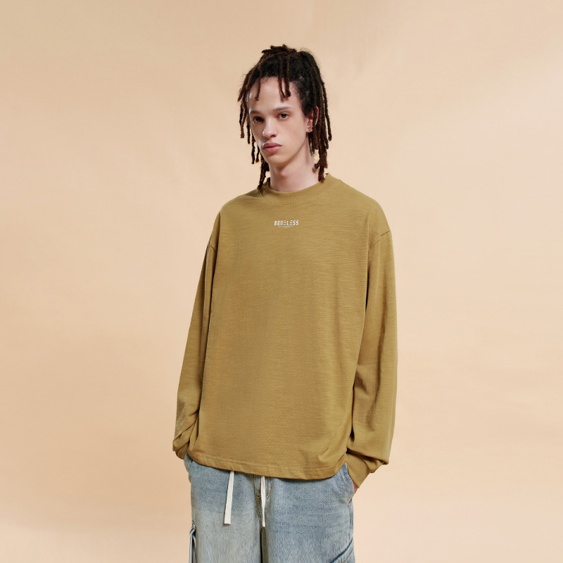 BONELESS宽松半高领长袖T恤纯棉宽松重磅圆领打底衫基础简约上衣