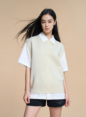 BONELESS休闲基础宽松针织马甲纯棉宽松圆领无袖毛衣刺绣logo背心