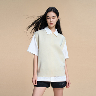 BONELESS休闲基础宽松针织马甲纯棉宽松圆领无袖 毛衣刺绣logo背心