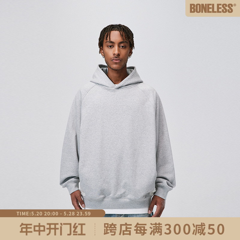 BONELESS 拼接反毛圈插肩袖帽衫美式复古高街logo刺绣连帽卫衣潮 男装 卫衣 原图主图