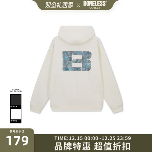 BONELESS仿牛仔贴布印花连帽卫衣秋季新款纯棉宽松重磅情侣帽衫潮