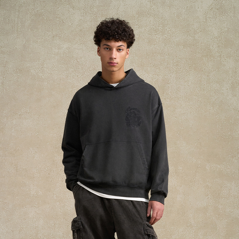 BONELESS图案刺绣洗水帽衫做旧连帽卫衣纯棉宽松重磅复古休闲上衣